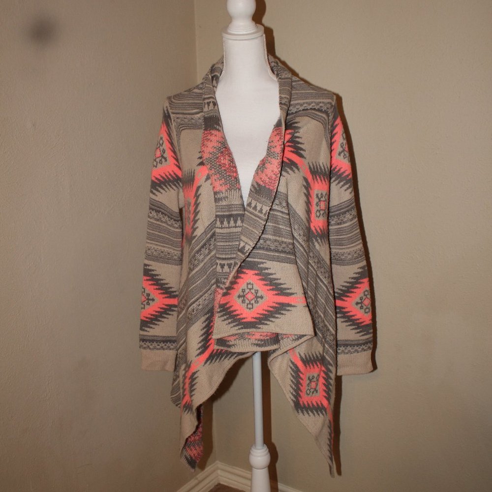 Gray, bright pink, and cream aztec print sweater